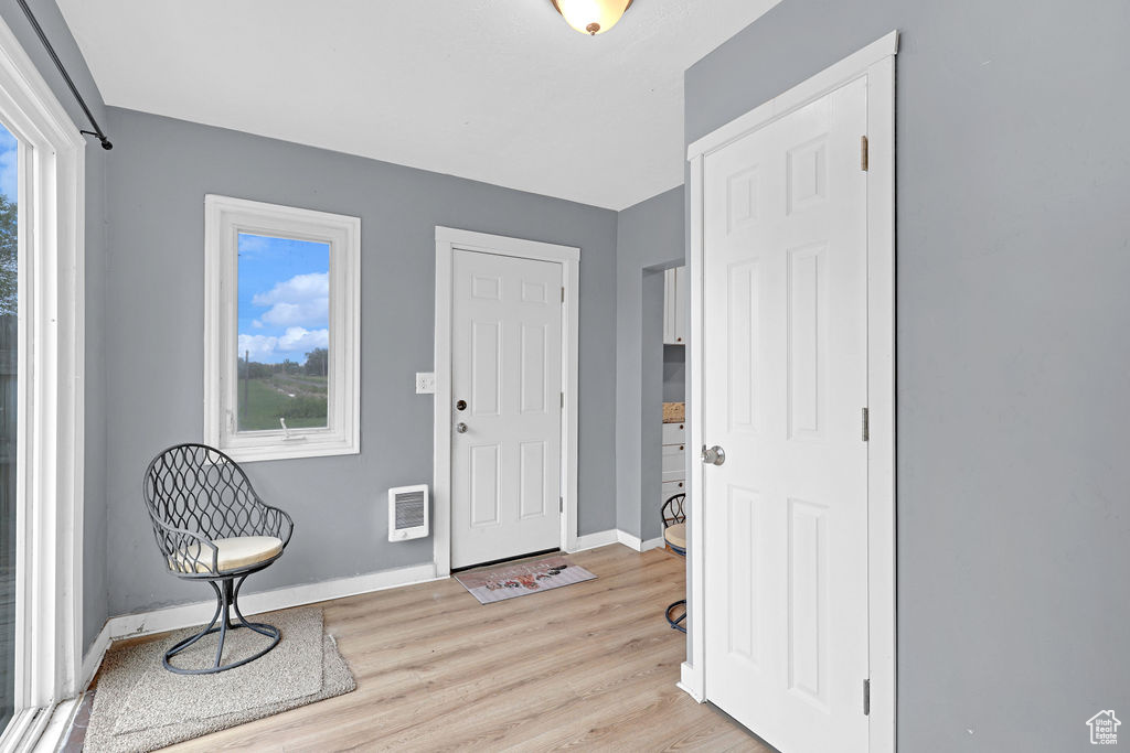 Foyer with a wealth of natural light and light wood-type flooring