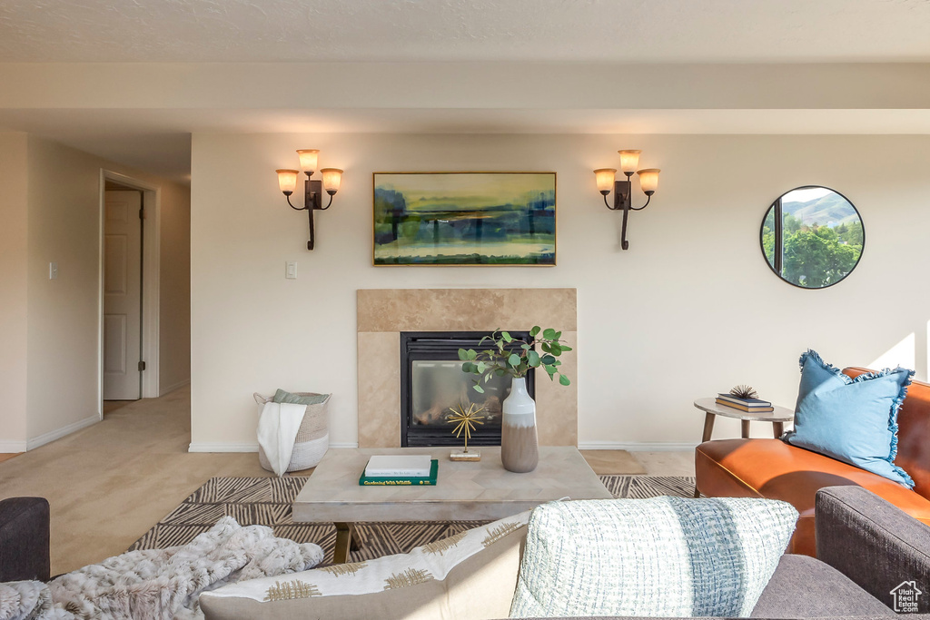 Carpeted living room with a premium fireplace