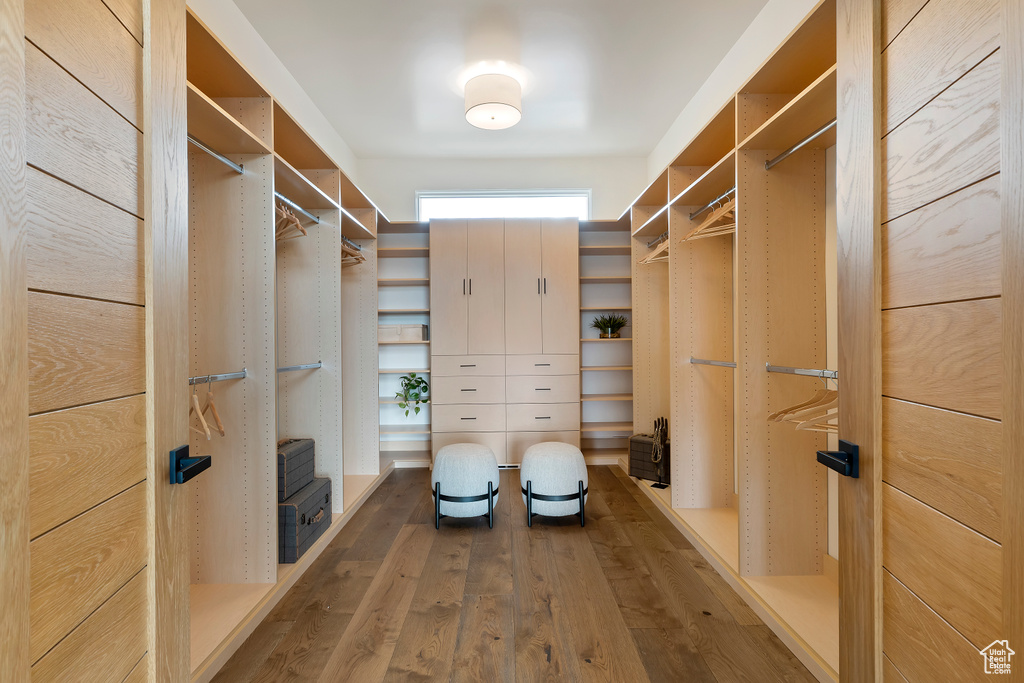 Walk in closet with wood-type flooring