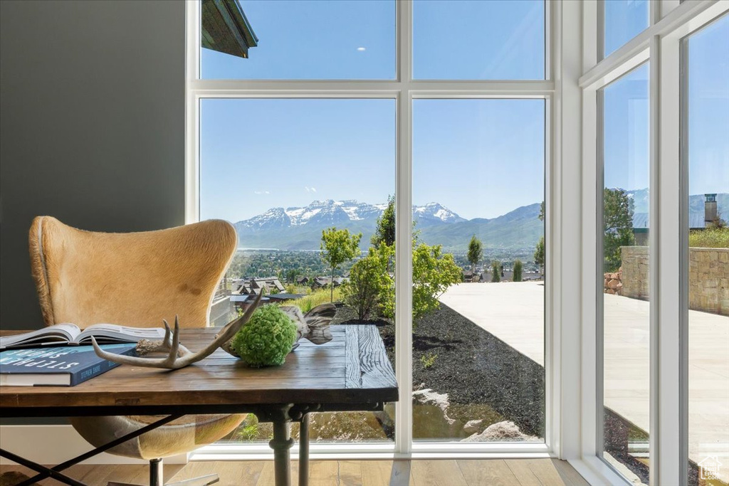 Interior space with a mountain view