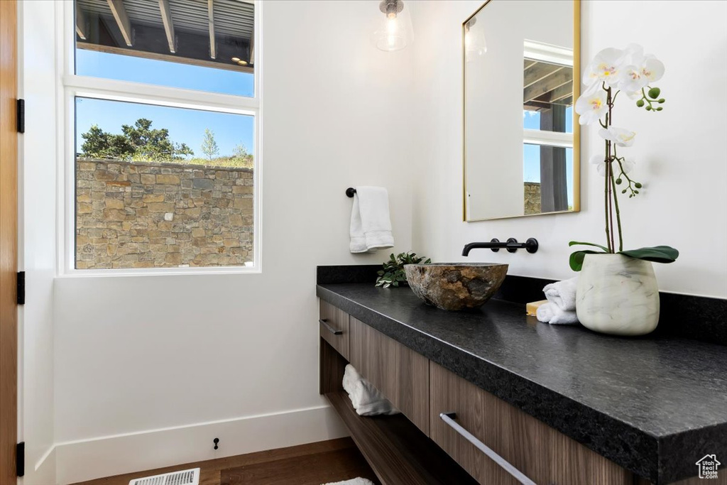 Bathroom featuring hardwood / wood-style floors and vanity