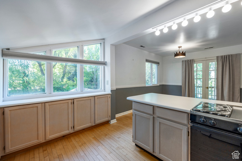 Kitchen with light wood-type flooring, electric range, french doors, and rail lighting