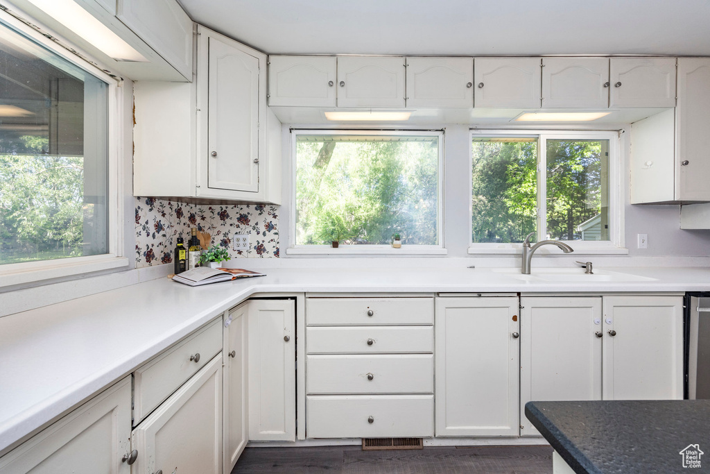 Kitchen featuring sink, white cabinets, dark wood-type flooring, and stainless steel dishwasher