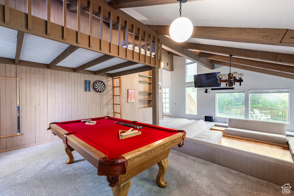 Recreation room with vaulted ceiling with beams, pool table, and carpet floors