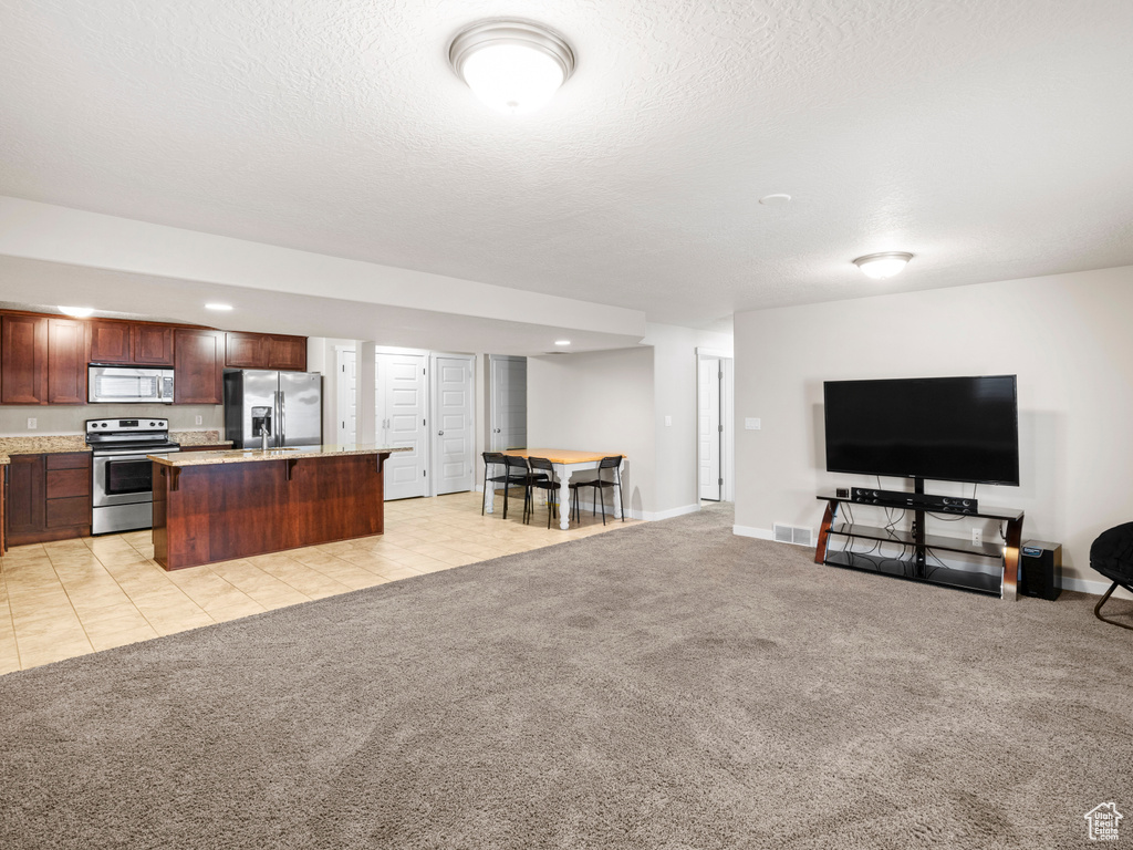 Living room featuring light carpet