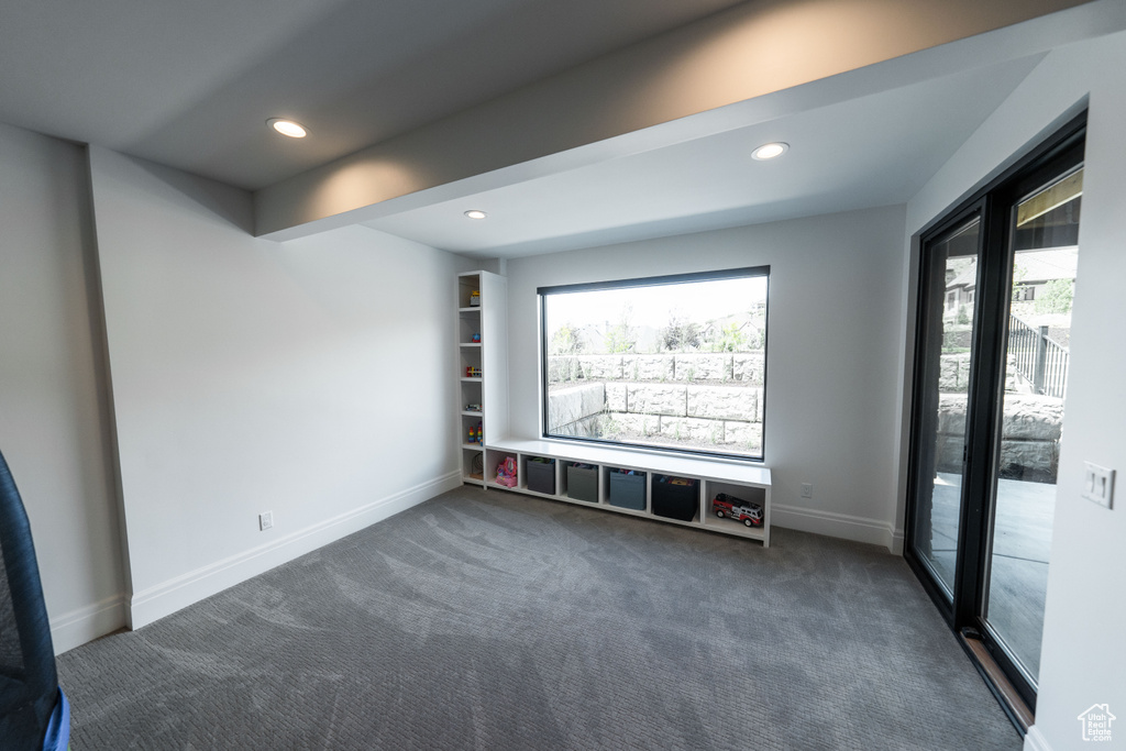 Empty room with dark colored carpet