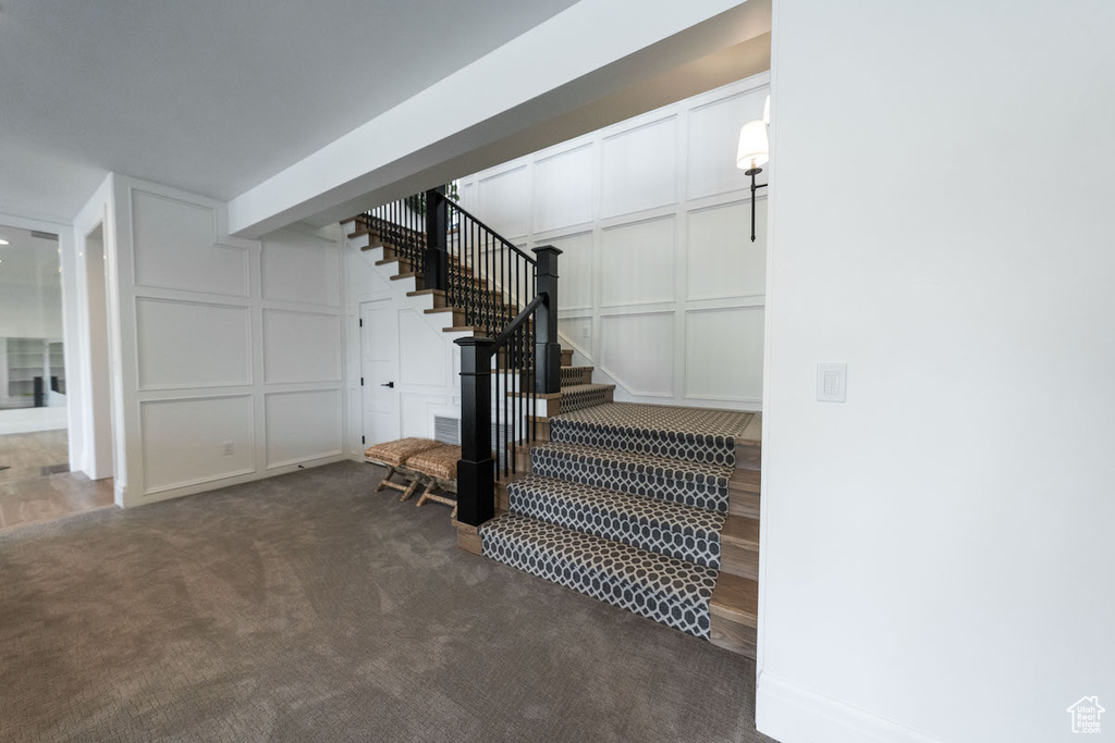 Staircase with dark colored carpet