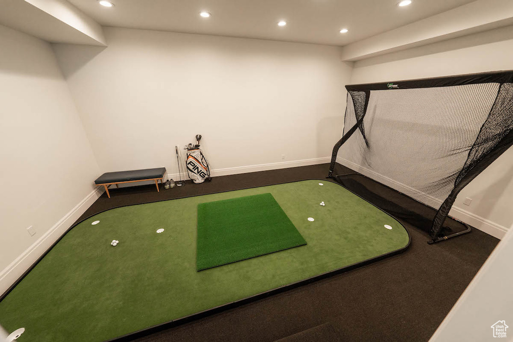 Recreation room featuring dark colored carpet