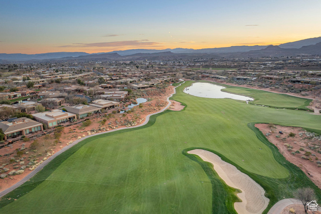 Aerial view at dusk with a mountain view