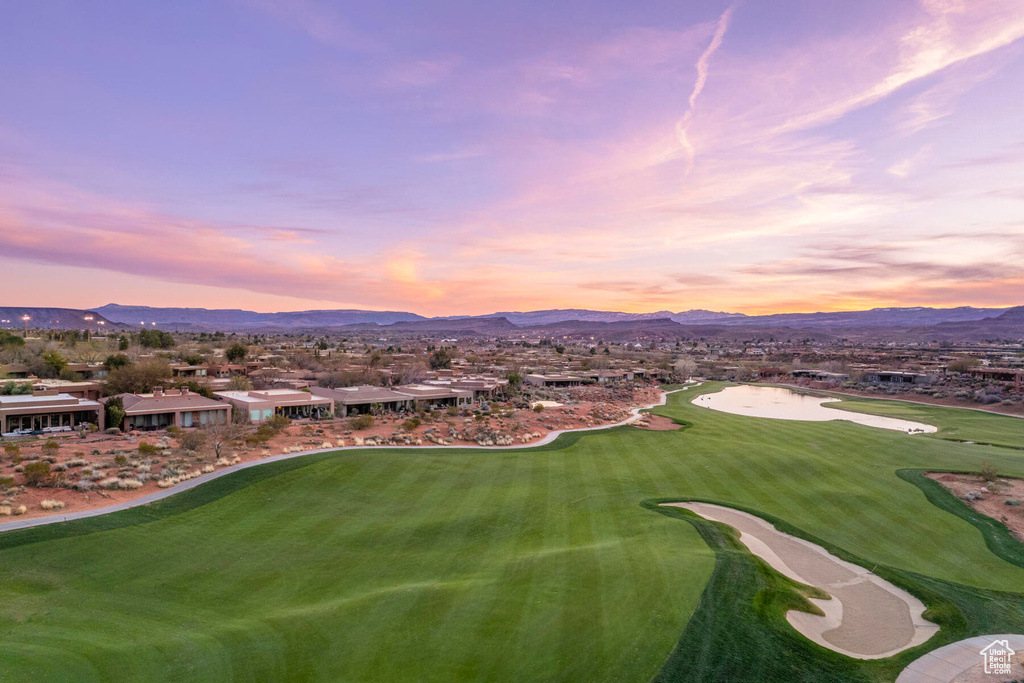 Aerial view at dusk with a mountain view