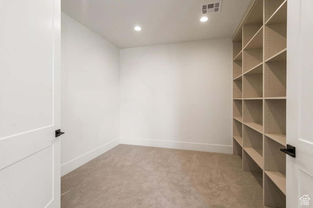 Walk in closet with light colored carpet