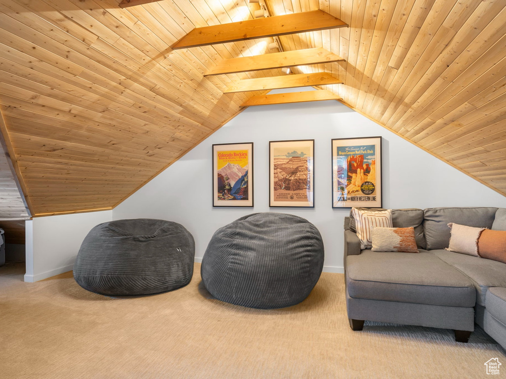 Sitting room featuring vaulted ceiling with skylight and wooden ceiling