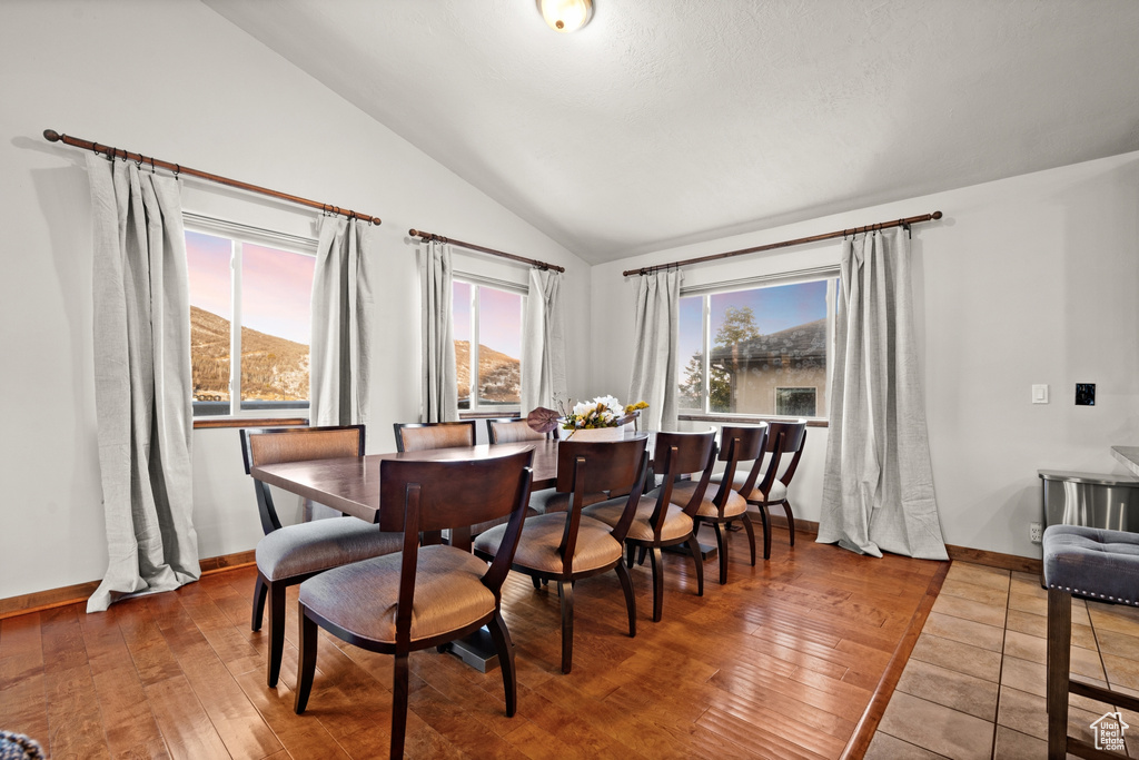 Dining room with hardwood / wood-style floors and lofted ceiling