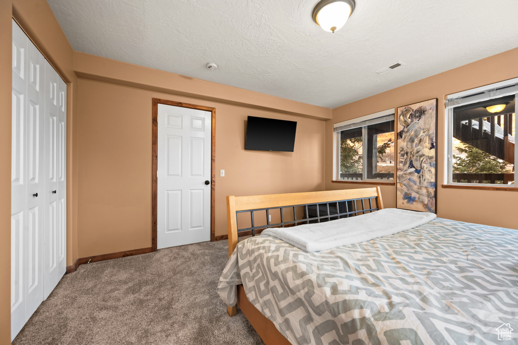 Bedroom with a textured ceiling and carpet flooring