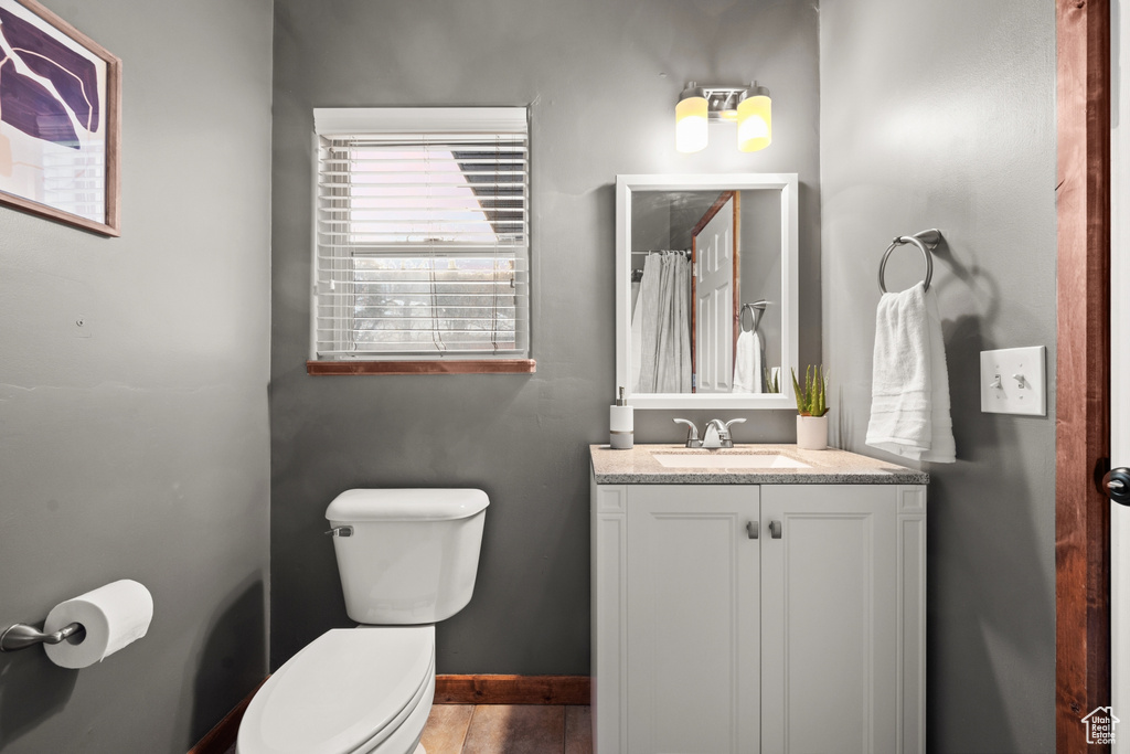 Bathroom featuring hardwood / wood-style floors, toilet, and vanity with extensive cabinet space