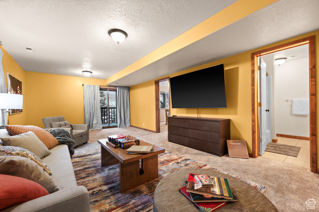 Carpeted living room featuring a textured ceiling