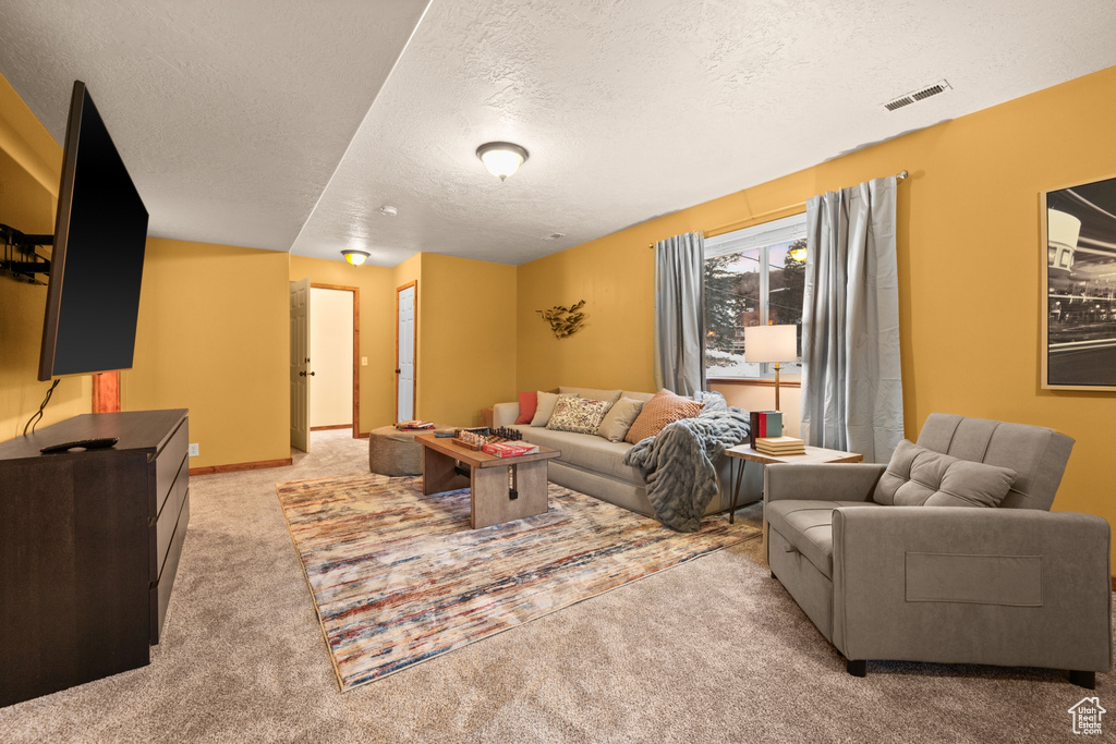 Carpeted living room with a textured ceiling