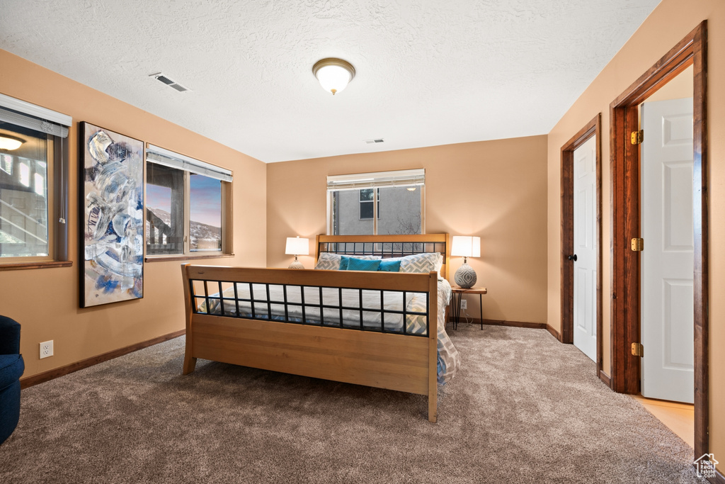 Carpeted bedroom featuring a textured ceiling