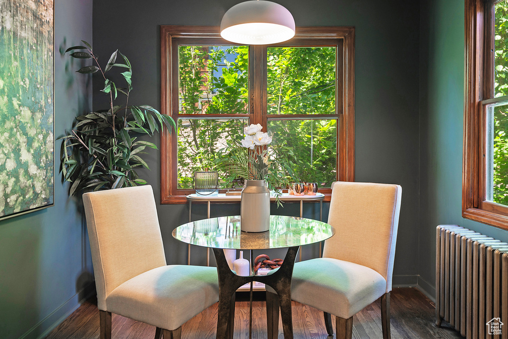 Dining space with wood-type flooring and radiator