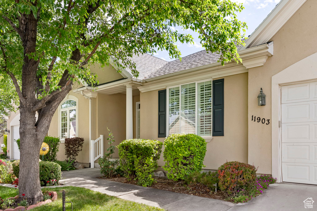 Exterior space featuring a garage