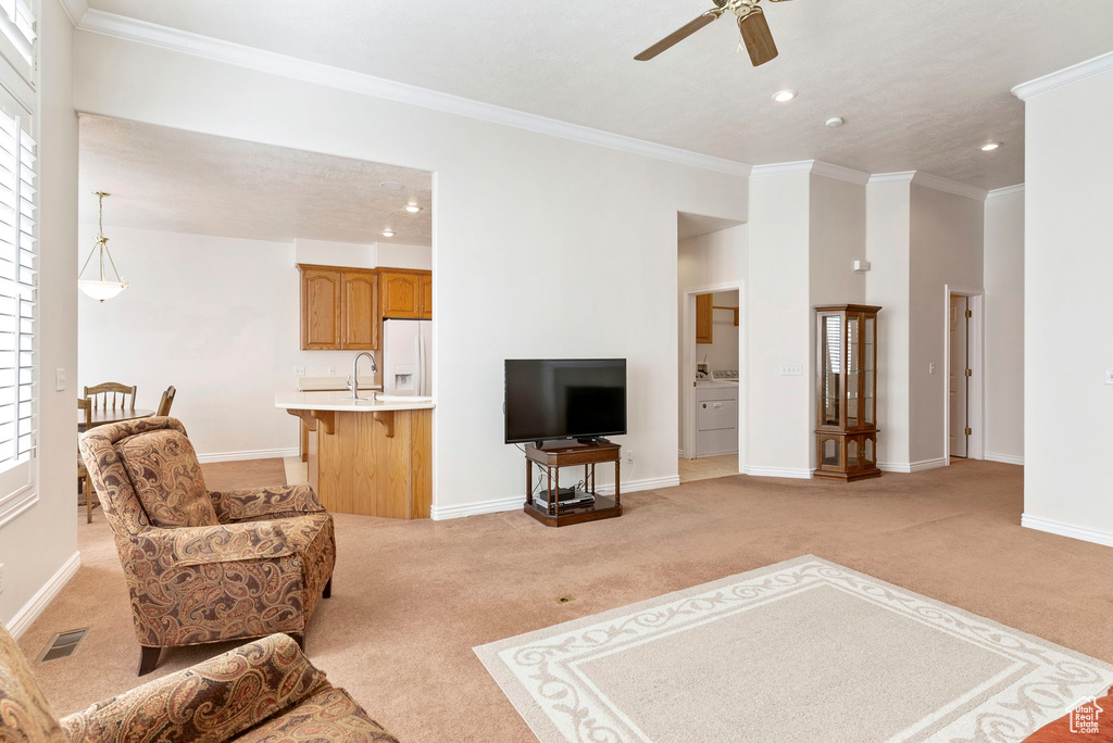 Carpeted living room with ornamental molding, plenty of natural light, and ceiling fan