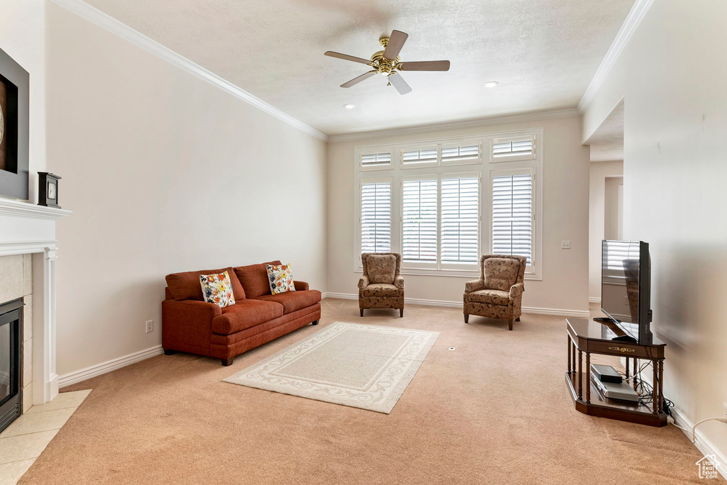 Living room featuring light carpet, ornamental molding, ceiling fan, and a fireplace