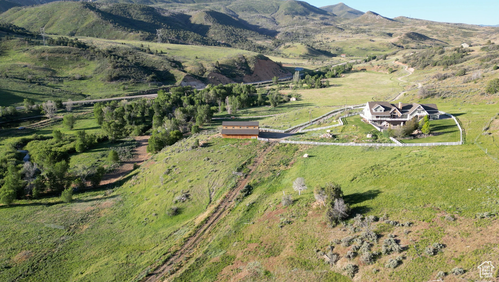 Aerial view featuring a mountain view and a rural view