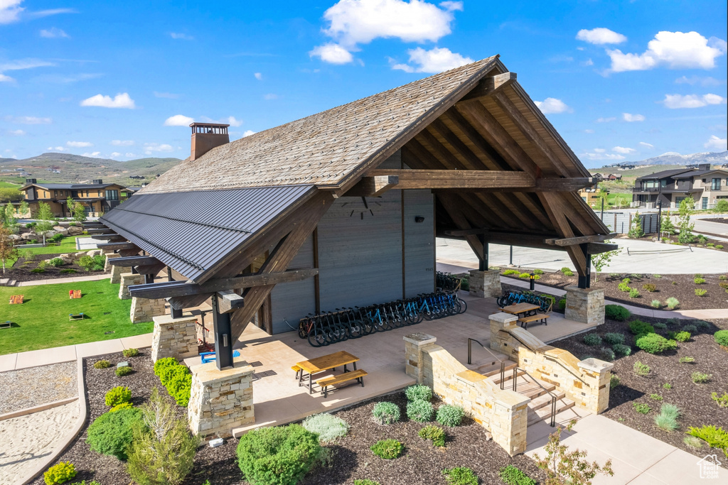 Exterior space featuring a mountain view and a gazebo