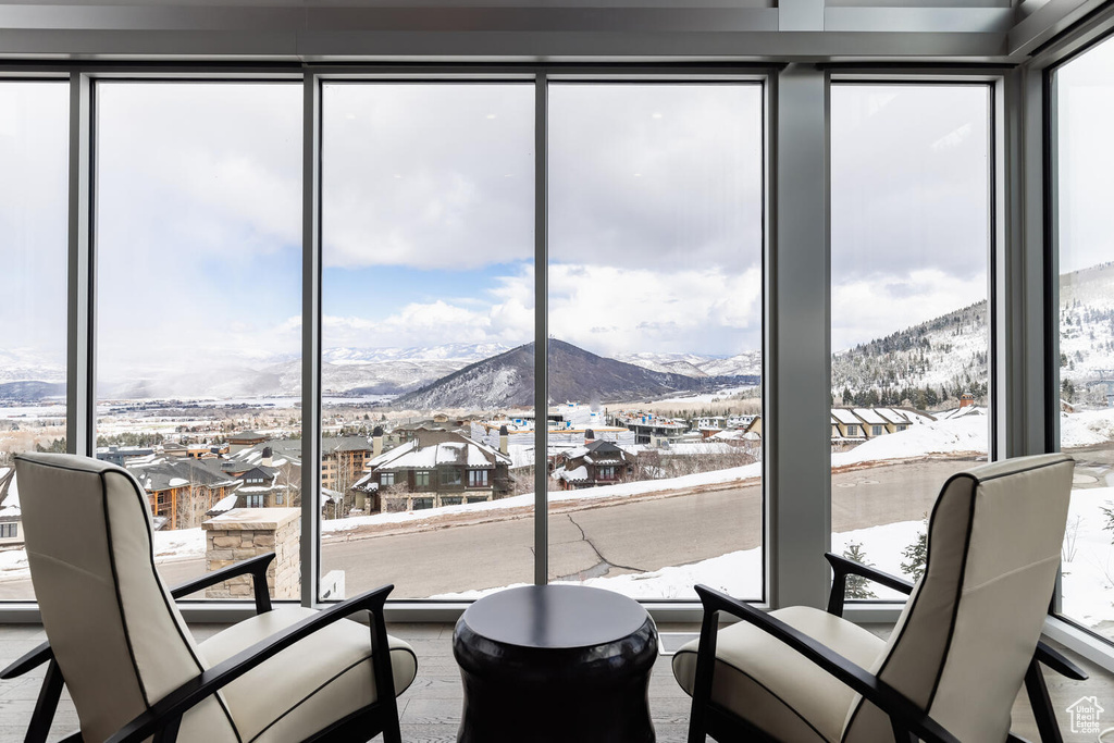 Interior space with a mountain view