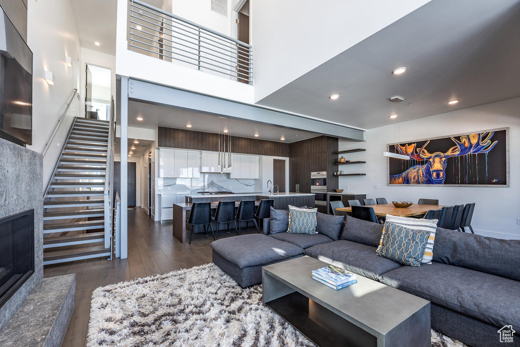 Living room with a high ceiling, sink, and dark hardwood / wood-style flooring