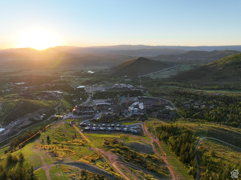 Aerial view at dusk with a mountain view