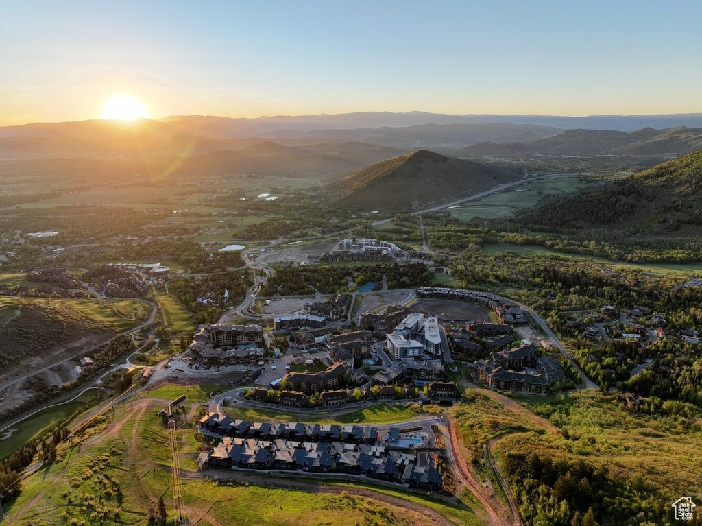 Aerial view at dusk with a mountain view