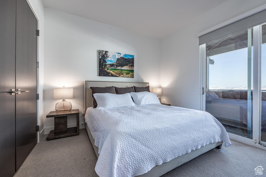 Bedroom featuring carpet and a closet