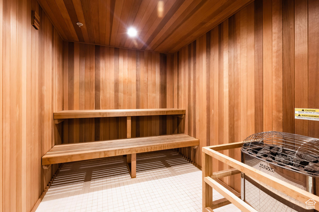 View of sauna featuring tile floors