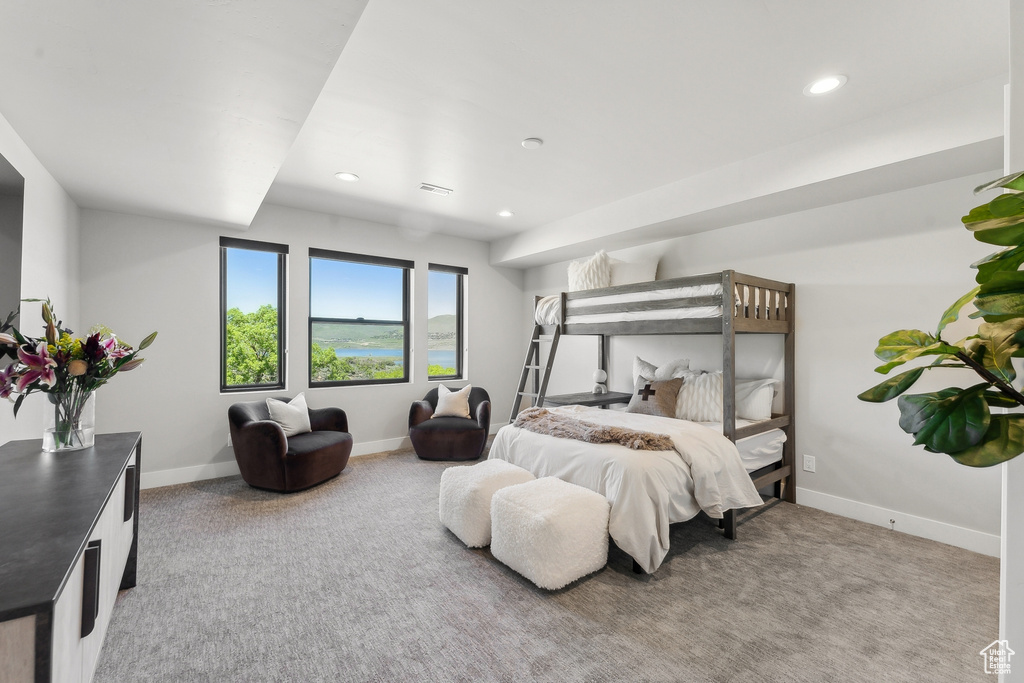 Bedroom with light colored carpet