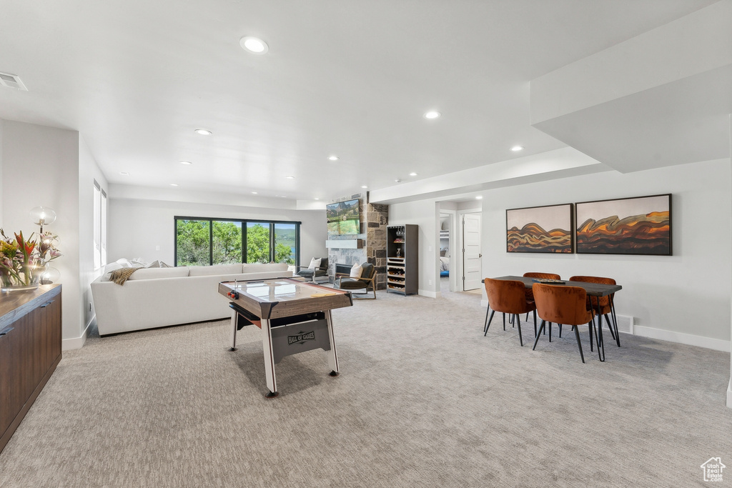 Living room with light colored carpet