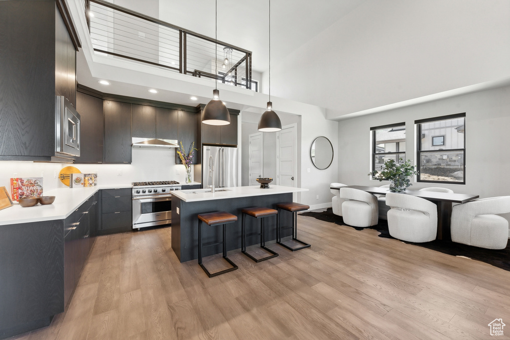 Kitchen with hanging light fixtures, a center island with sink, light hardwood / wood-style flooring, and high end appliances