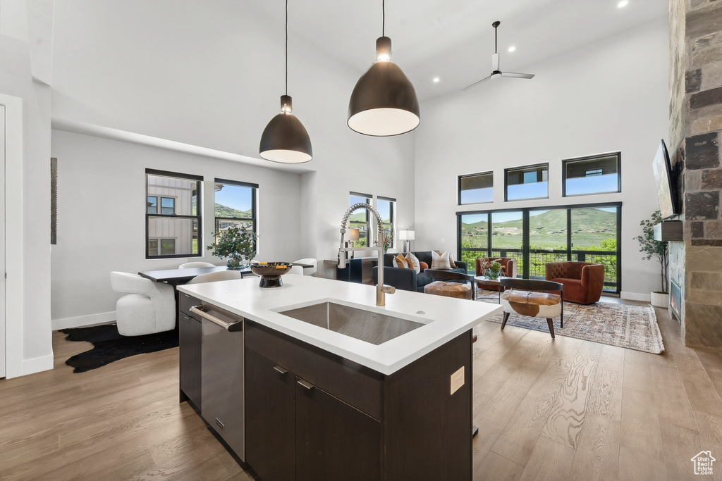 Kitchen featuring high vaulted ceiling, sink, a healthy amount of sunlight, and light wood-type flooring