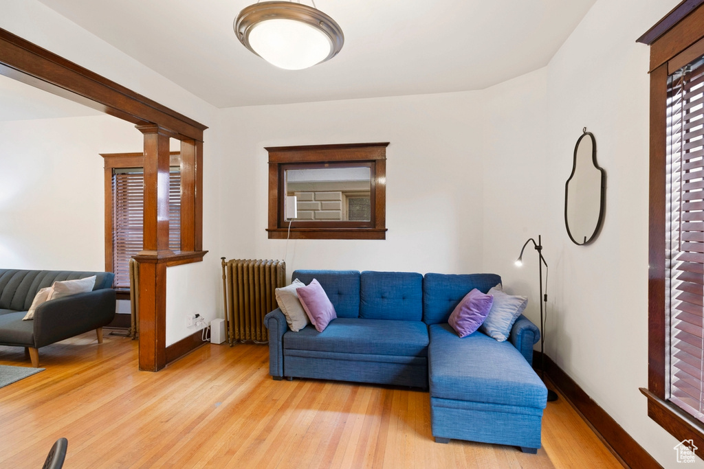 Living room with radiator, decorative columns, and hardwood / wood-style flooring