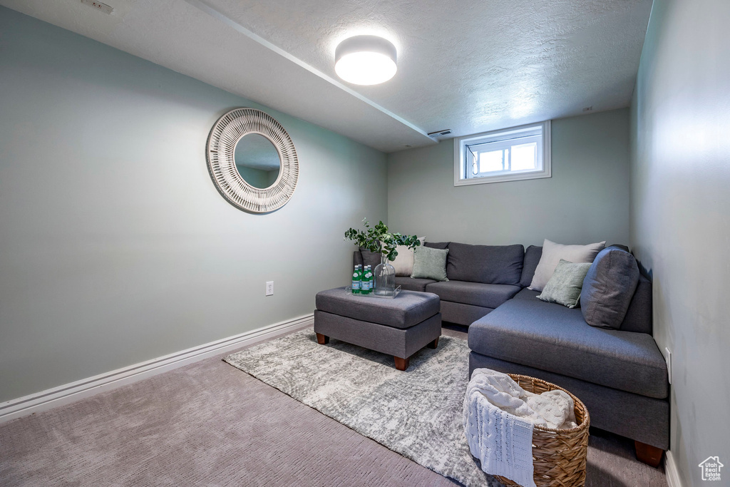 Living room with a textured ceiling and carpet floors