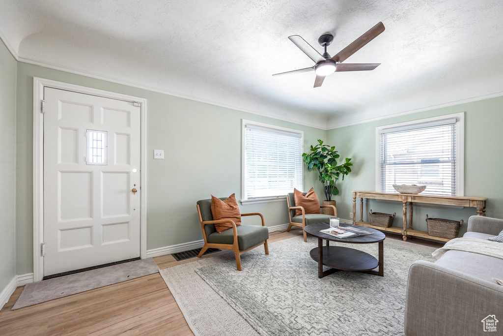 Living room featuring crown molding, a wealth of natural light, ceiling fan, and light hardwood / wood-style floors