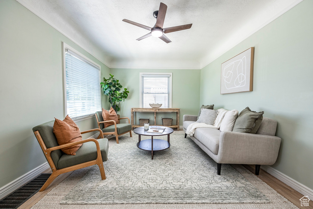 Living room with hardwood / wood-style floors and ceiling fan