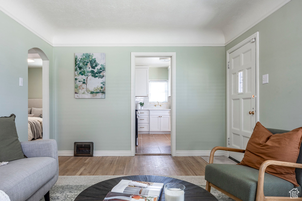 Living room with light hardwood / wood-style floors and ornamental molding