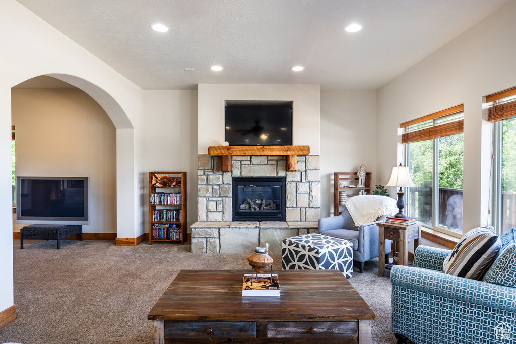 Living room featuring a stone fireplace and carpet