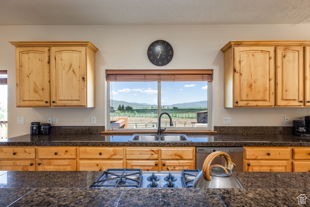 Kitchen featuring light brown cabinetry, stainless steel gas stovetop, sink, dishwasher, and a textured ceiling