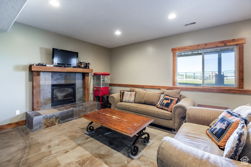 Living room featuring a fireplace