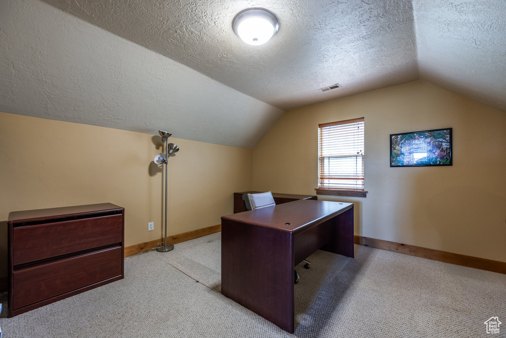 Carpeted home office featuring a textured ceiling and lofted ceiling