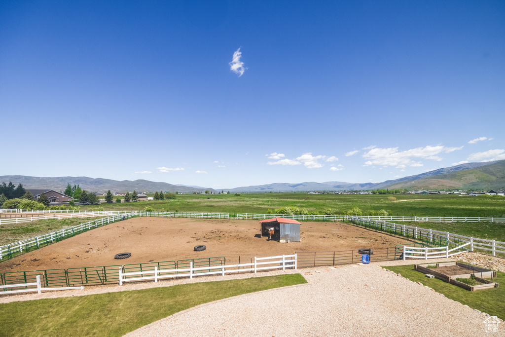 Drone / aerial view featuring a mountain view and a rural view