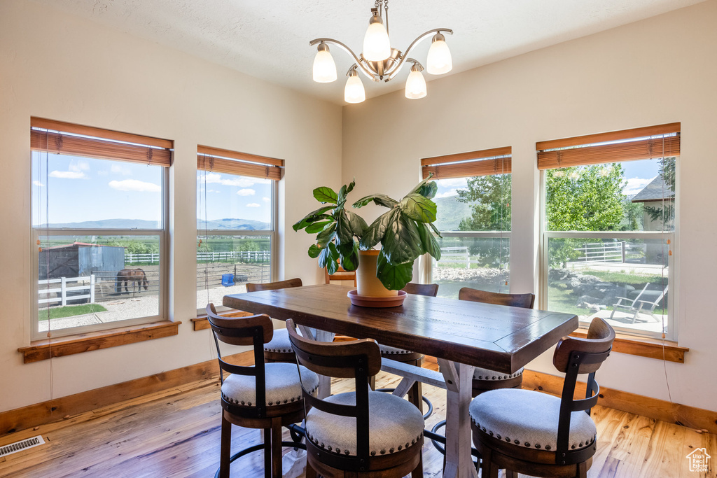 Dining space featuring light hardwood / wood-style flooring, an inviting chandelier, and plenty of natural light