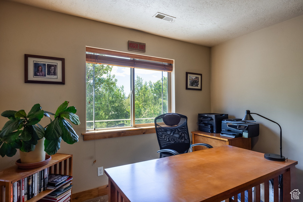 Home office featuring a textured ceiling and a healthy amount of sunlight